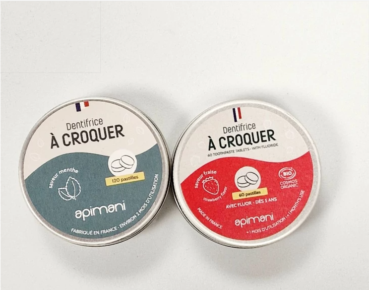 Dentifrice à croquer: menthe 60 pastilles ou fraise 60 pastilles